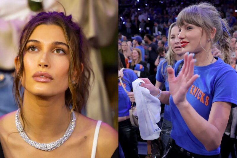 LOCALIZADO: Taylor Swift vestiu todo azul ao lado de Hailey Bieber e Tate Mcrae após a vitória do Knicks por 107-106 contra o Spurs
