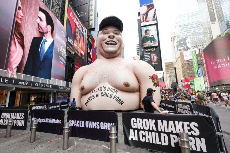 “Você quer que eu bata neles?”: A Internet reage depois que o gigante inflável Elon Musk aparece na Times Square trazendo mensagens contundentes como tatuagens
